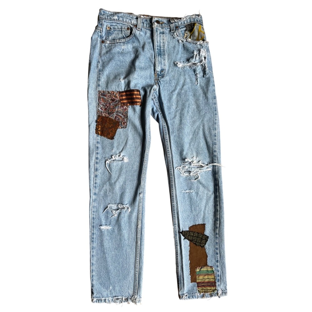 Levis 505 Mens 34x32 Upscaled Custom Patchwork Distressed Straight Leg Jeans
